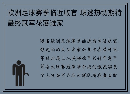 欧洲足球赛季临近收官 球迷热切期待最终冠军花落谁家
